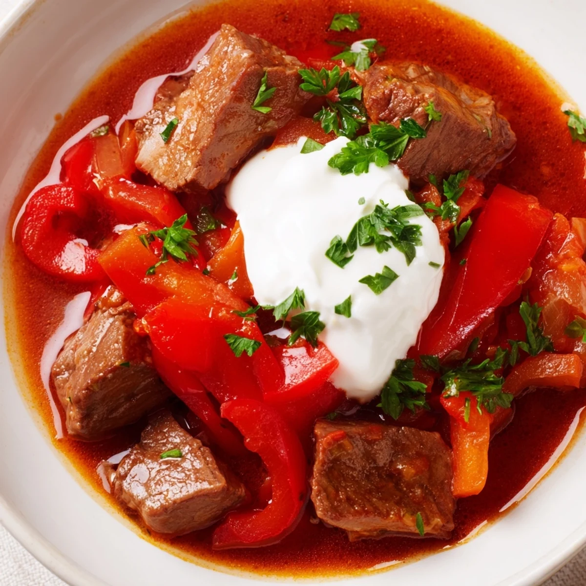 Hearty Rich Beef Goulash with Bell Peppers in a rustic bowl beside crusty bread for dipping into the savory sauce.