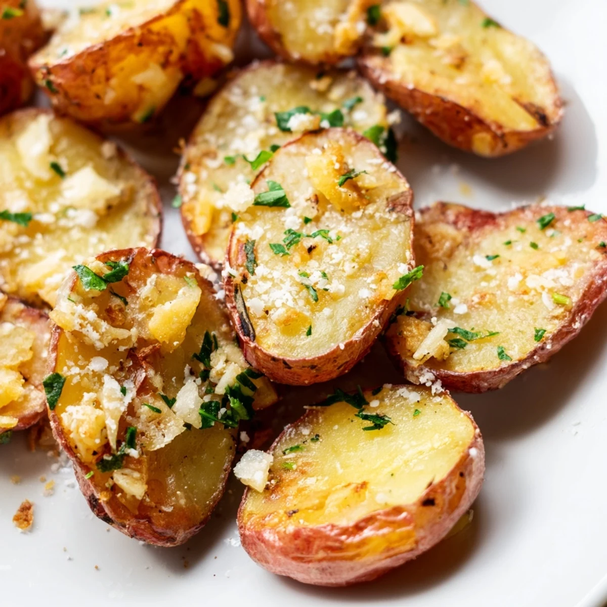 Rustic platter of Garlic Parmesan Smashed Red Potatoes served warm with a side of grilled chicken.