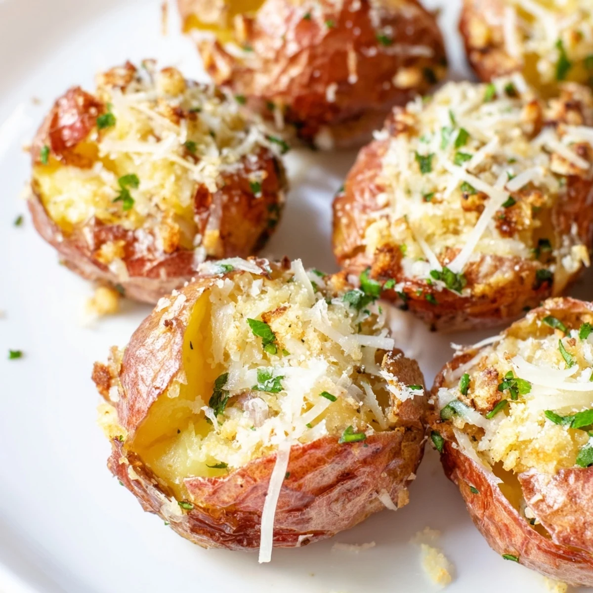 A close-up of a creamy Garlic Parmesan Smashed Red Potato topped with melted cheese and herbs.