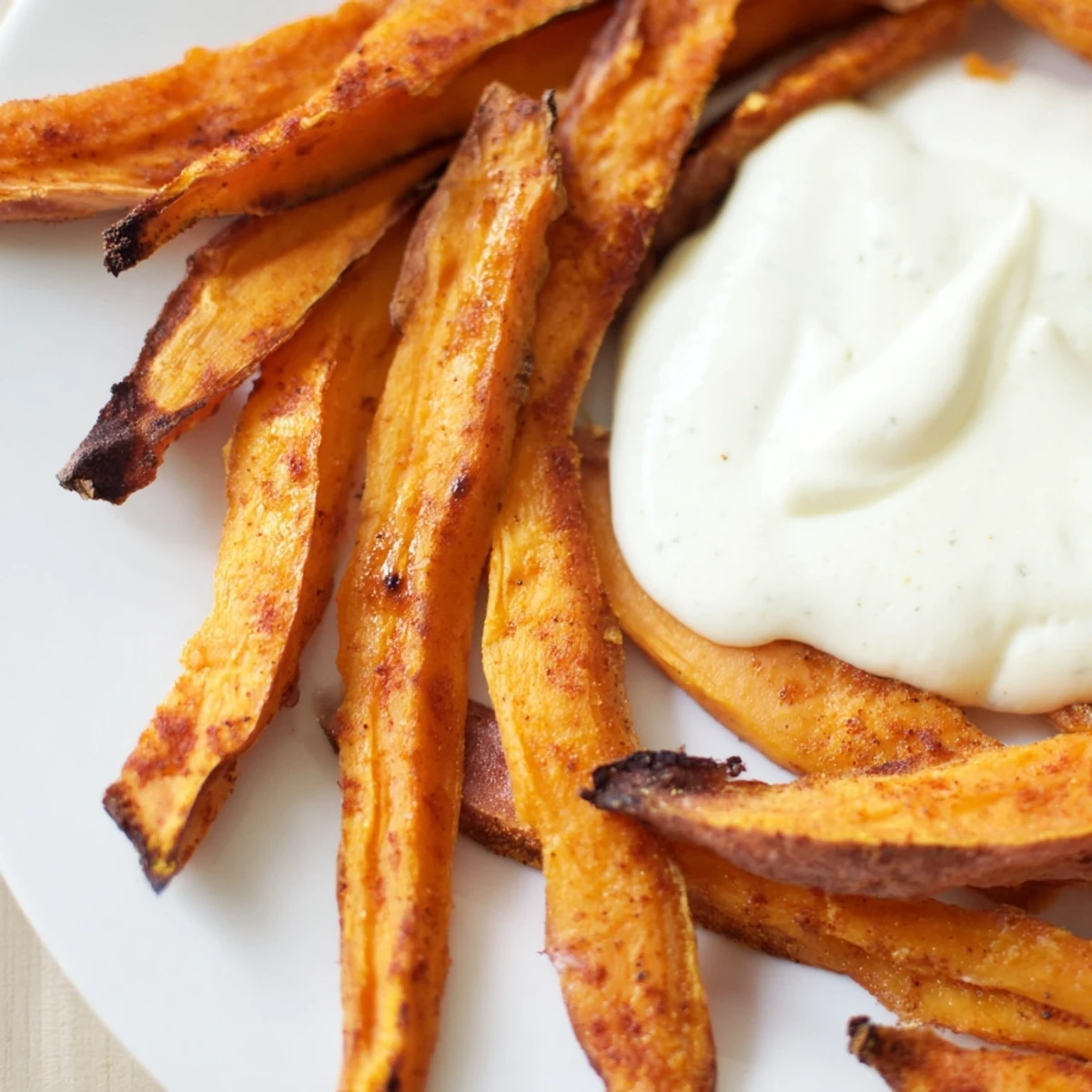 Perfectly crispy Baked Sweet Potato Fries with Garlic Aioli for dipping.