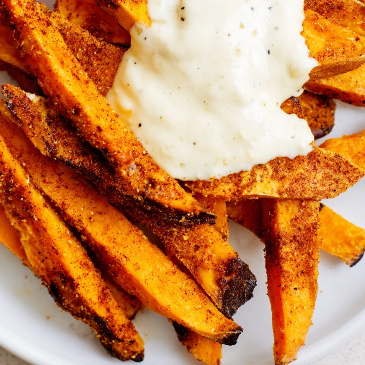 Homemade Baked Sweet Potato Fries with Garlic Aioli served as a snack.