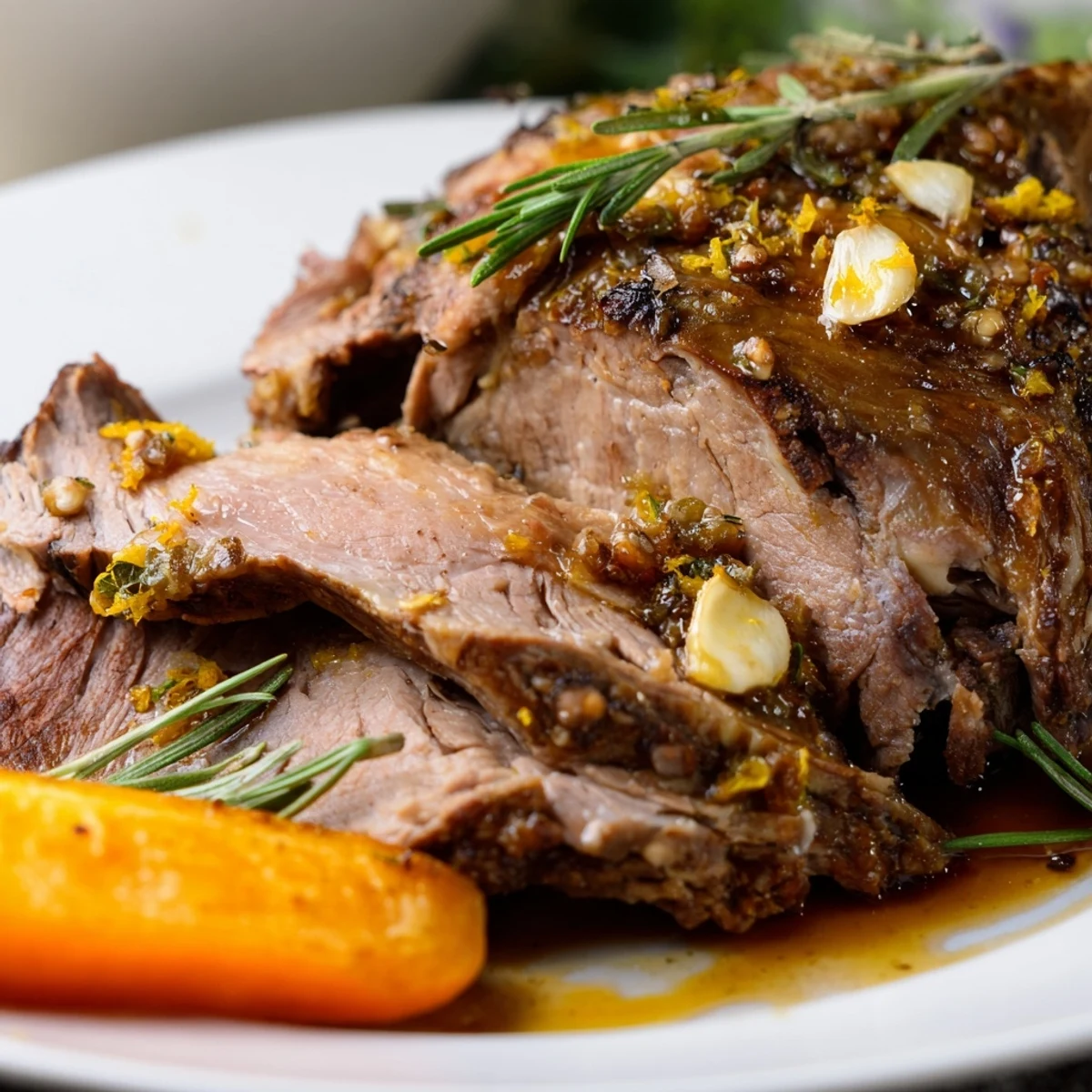 Golden-brown Slow Roasted Leg of Lamb with Garlic and Lemon rests on a bed of tender vegetables, juices pooling in the pan.