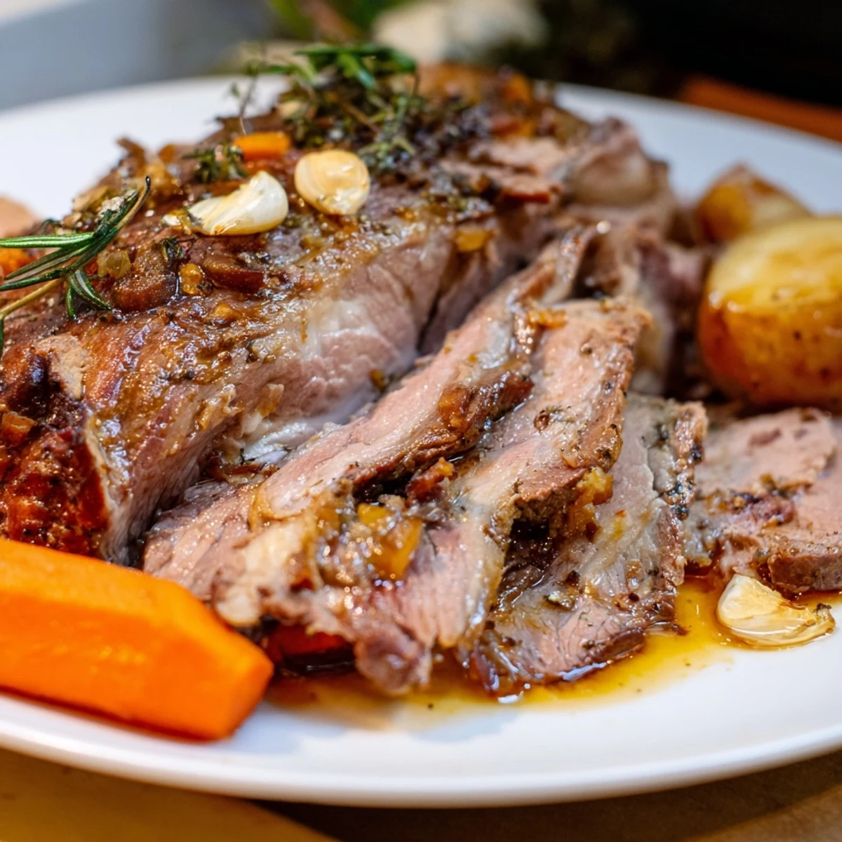 Whole Slow Roasted Leg of Lamb with Garlic and Lemon served family-style with roasted potatoes, carrots, and a rustic herb garnish.