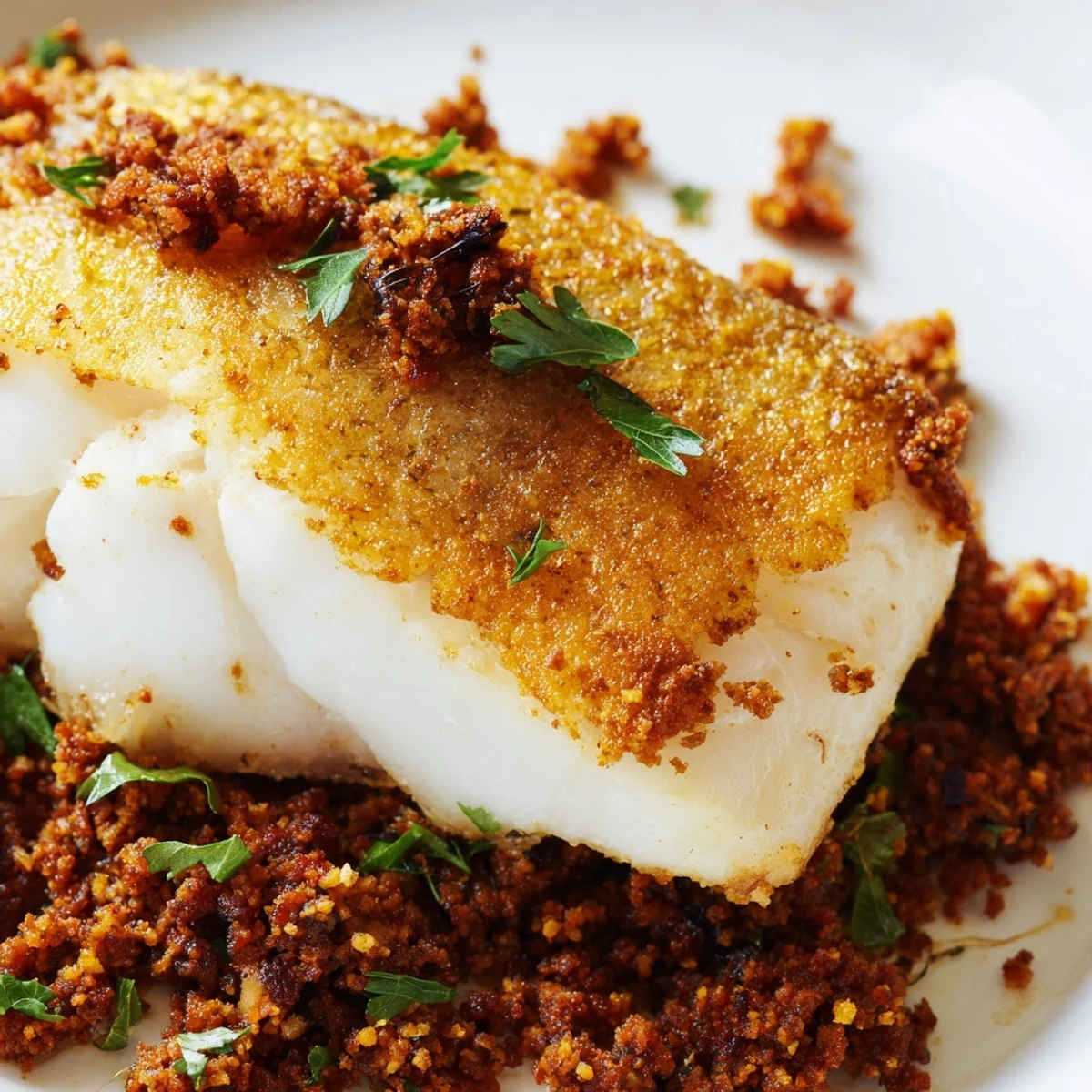 Pan-seared crispy skin hake fillet with a spicy beef crumb topping, served alongside a fresh green salad for an elegant dinner idea.