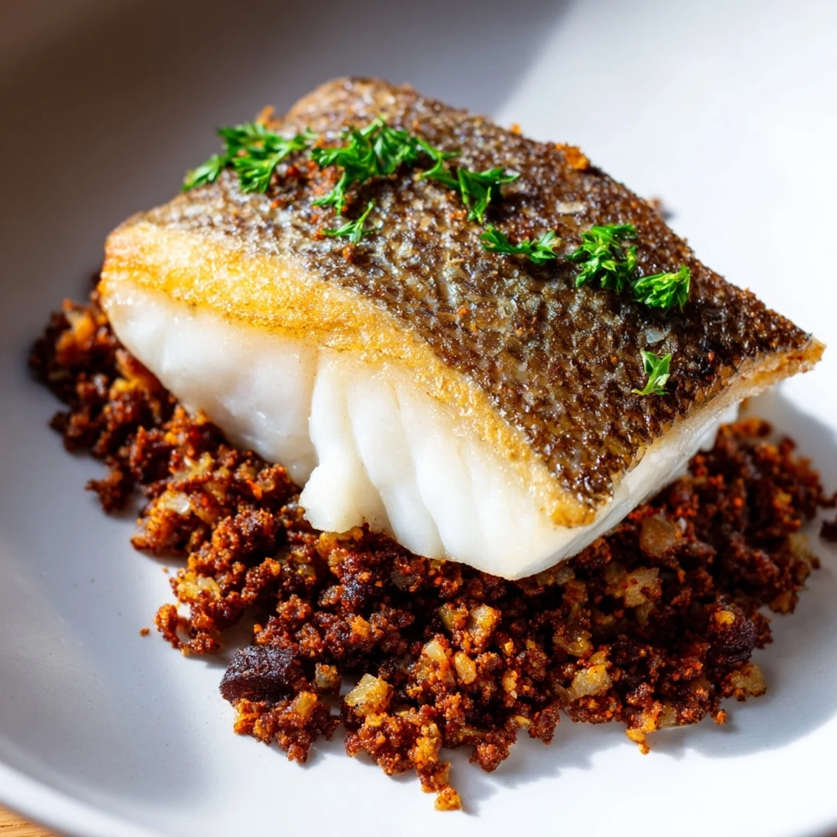 Golden-brown crispy skin hake fillet topped with smoky chorizo style beef crumb on a white plate, garnished with parsley and lemon wedges for a zesty finish.