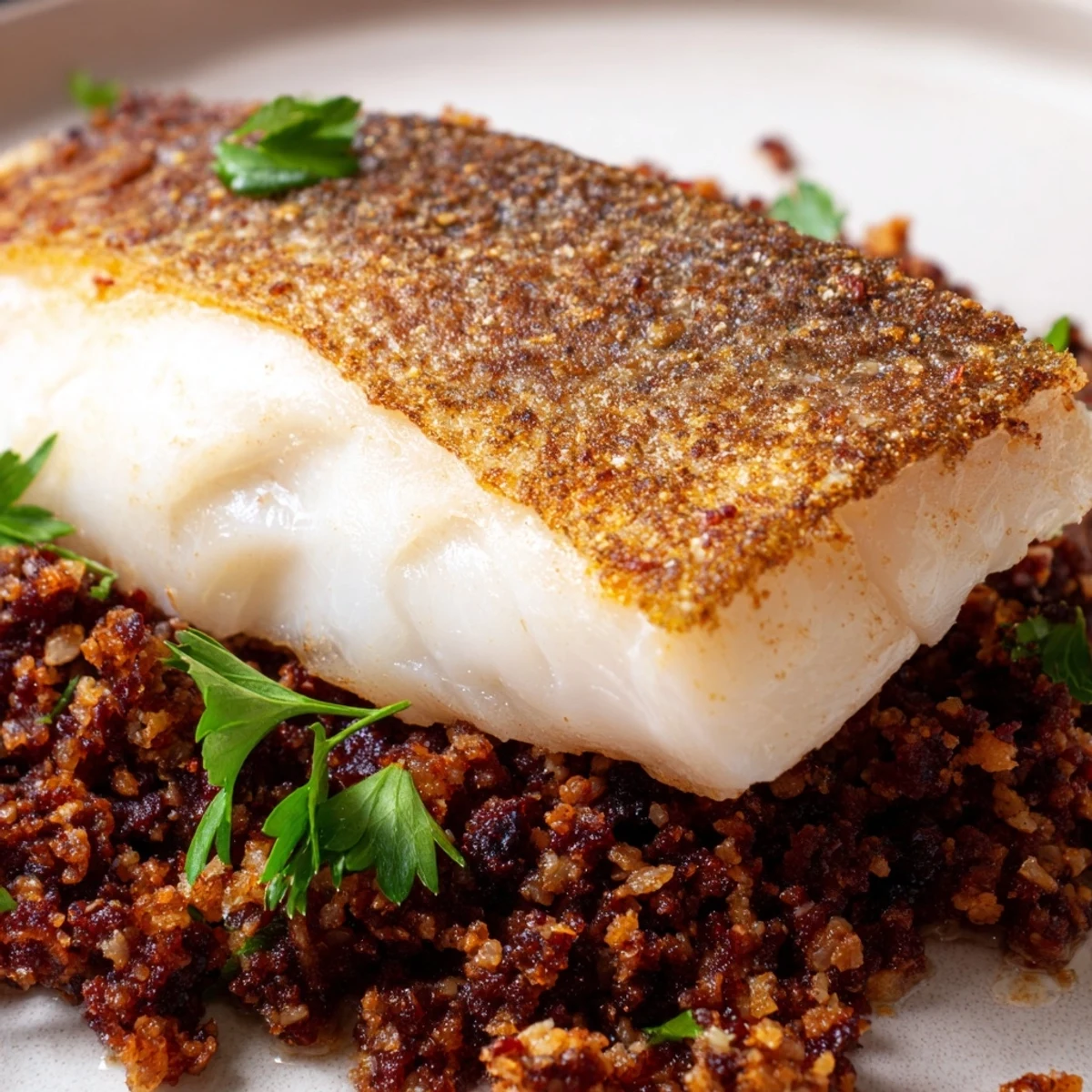 Close-up of crispy skin hake with chorizo style beef crumb, highlighting flaky white fish and richly spiced meat topping on a rustic wooden table.