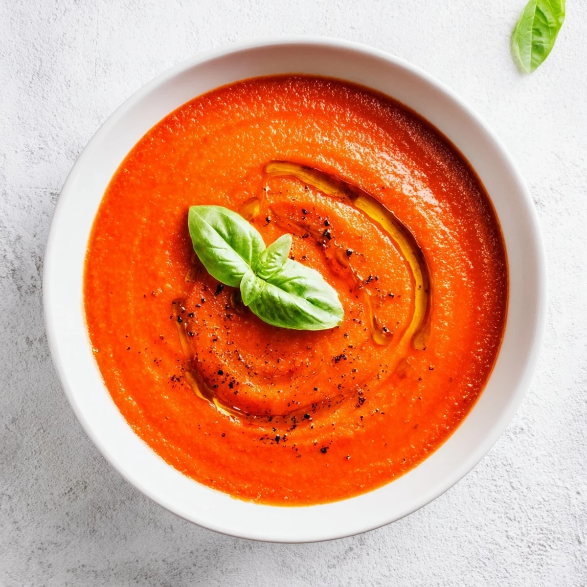 A spoon dips into velvety creamy tomato and roasted garlic bisque, served with a crusty baguette for dipping.
