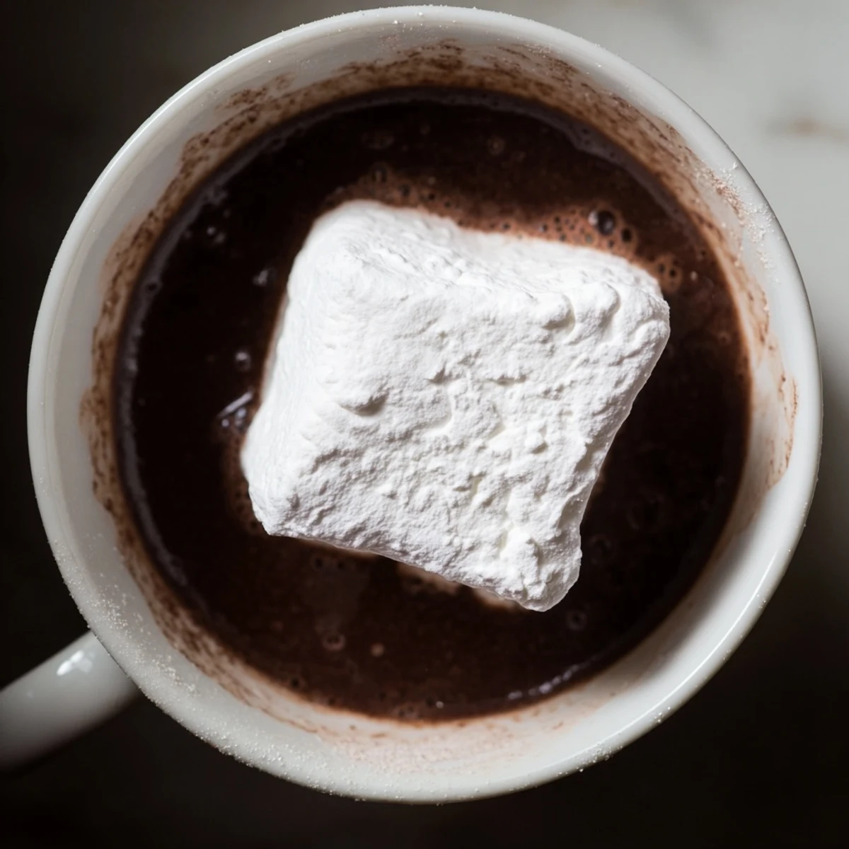 Fluffy Vanilla Bean Marshmallow Floaters garnish a steaming mug of rich, creamy hot chocolate topped with whipped cream.