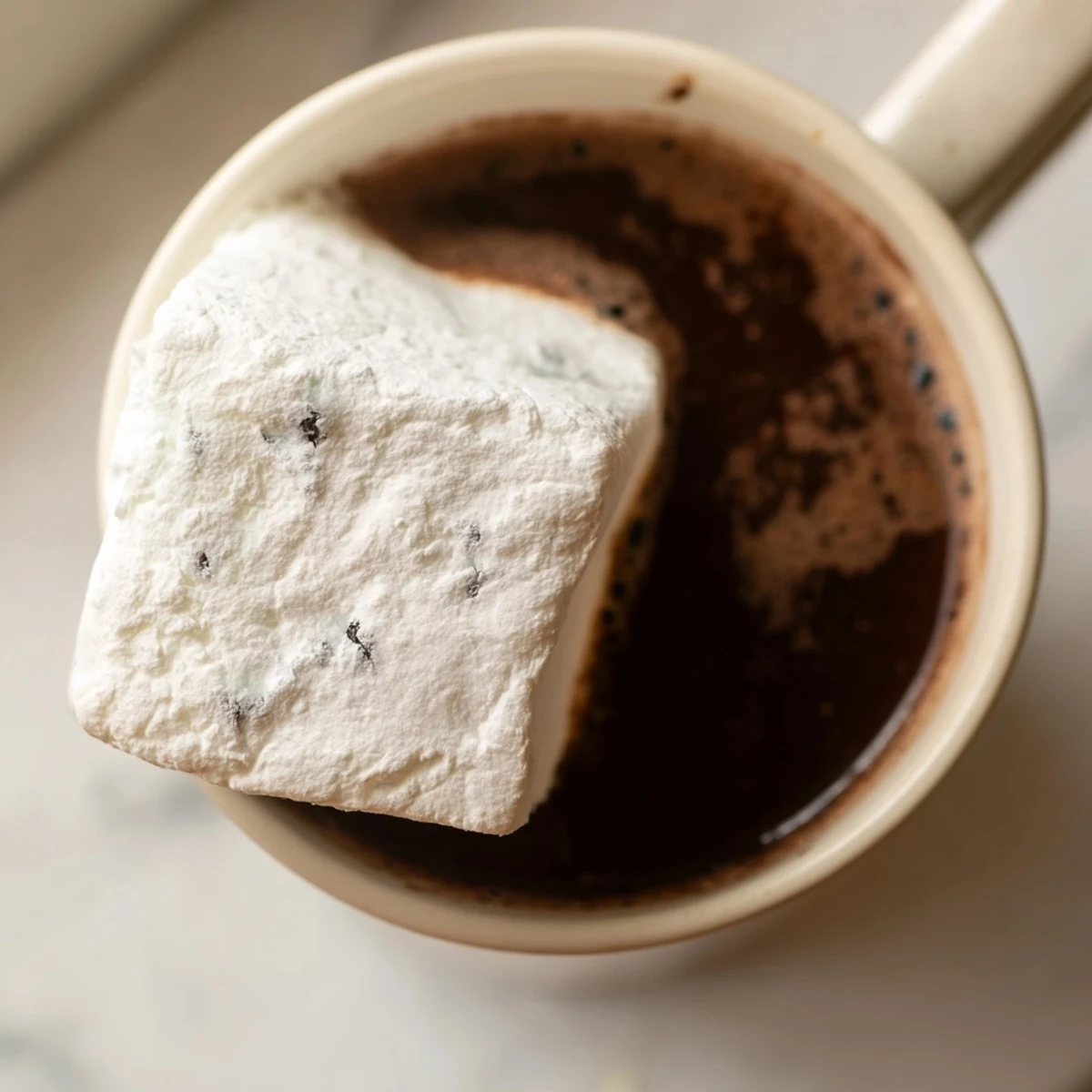 A close-up shows Fluffy Vanilla Bean Marshmallow Floaters melting slightly into creamy hot chocolate with a vanilla bean pod.