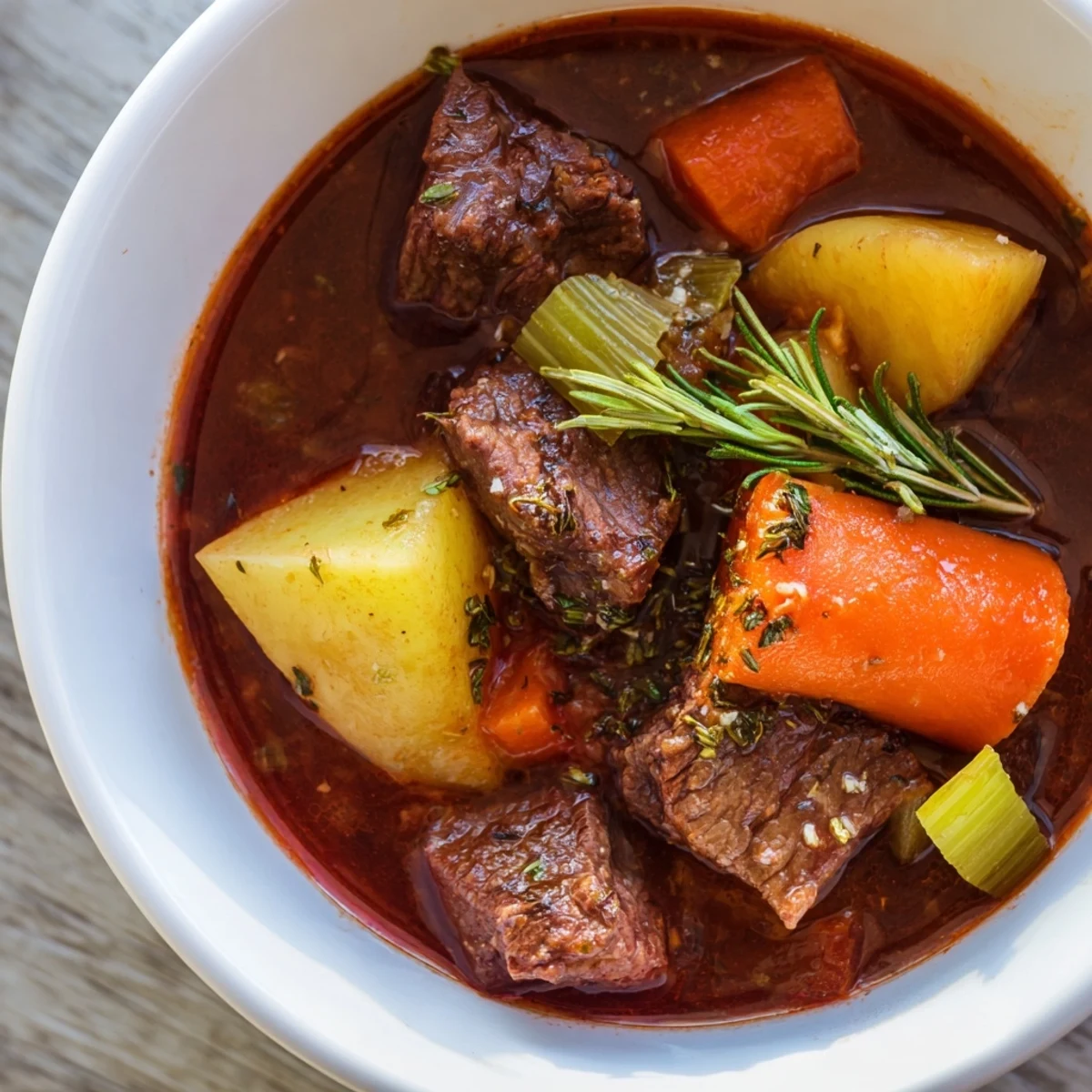 Rich, tender chunks of Savory Lamb Stew with Potatoes simmering in a thick, savory red wine broth.