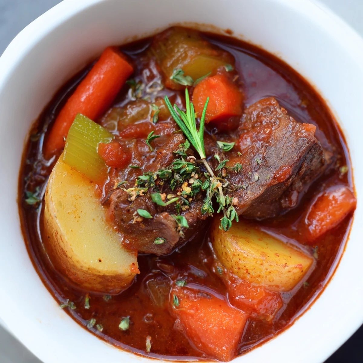 Steaming bowl of Savory Lamb Stew with Potatoes, featuring rosemary and thyme, served for a family dinner.