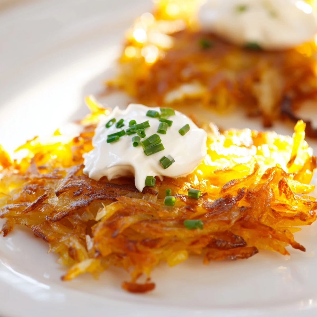 Serve these Crispy Hash Browns with Onions hot and golden from the pan, topped with fresh chives and sour cream.