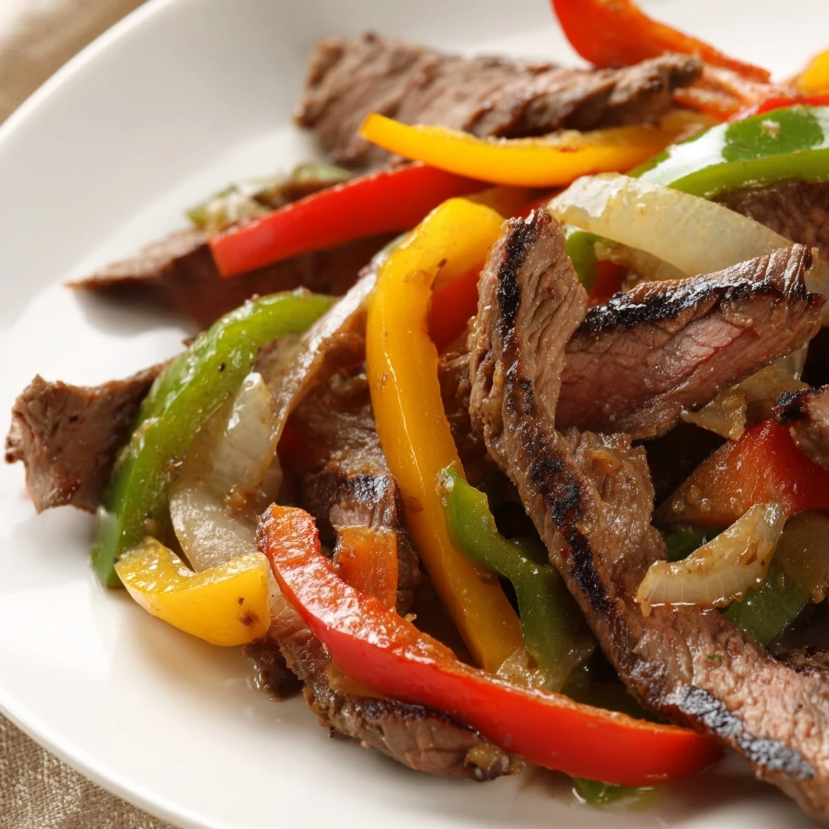 Sizzling beef fajitas with peppers and onions in a hot cast-iron skillet, garnished with fresh cilantro and lime wedges for a zesty finish.