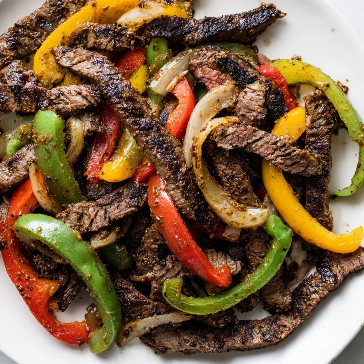 Tender strips of marinated beef sautéed with colorful peppers and onions, served sizzling hot on a rustic wooden table for a family-style meal.