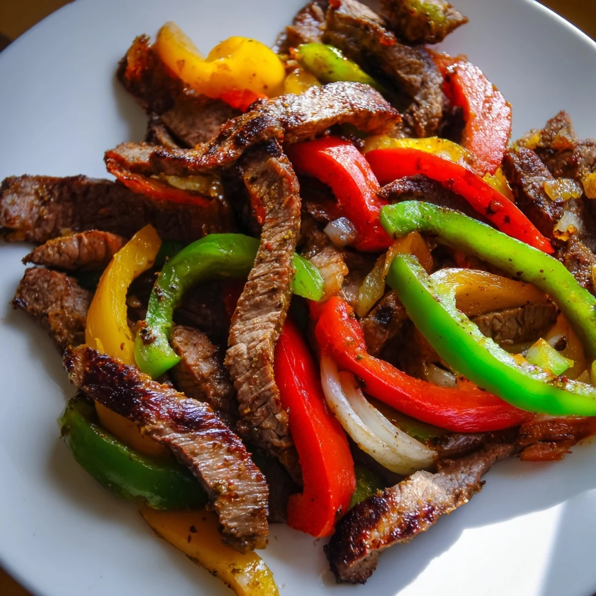 Warmed flour tortillas sit beside colorful beef fajitas with peppers and onions, ready to be filled with your favorite toppings like guacamole.