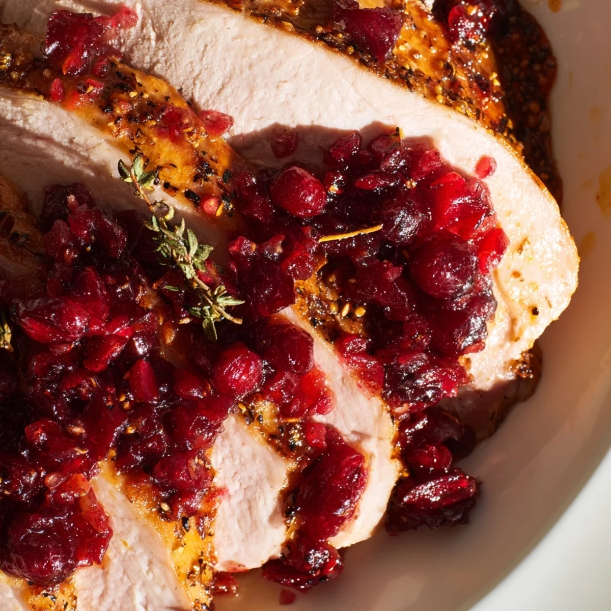 Sliced cranberry glazed turkey breast on a white platter, glistening with tangy-sweet red sauce and fresh herbs.