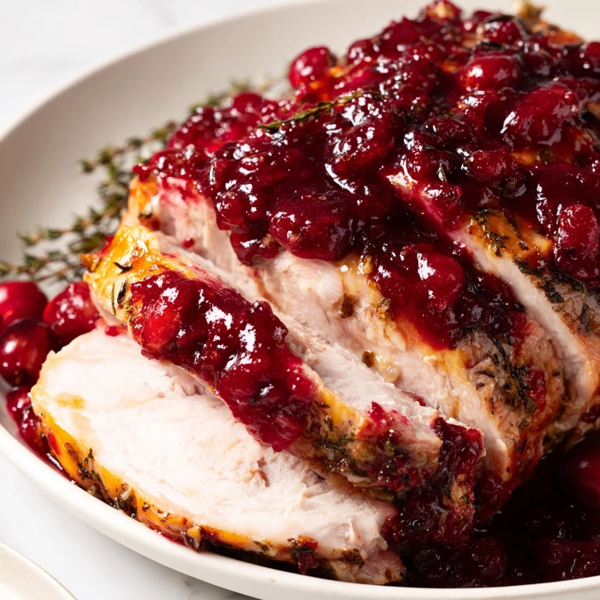 Roasted turkey breast coated in homemade cranberry glaze, served warm with a spoon of extra sauce on the side.
