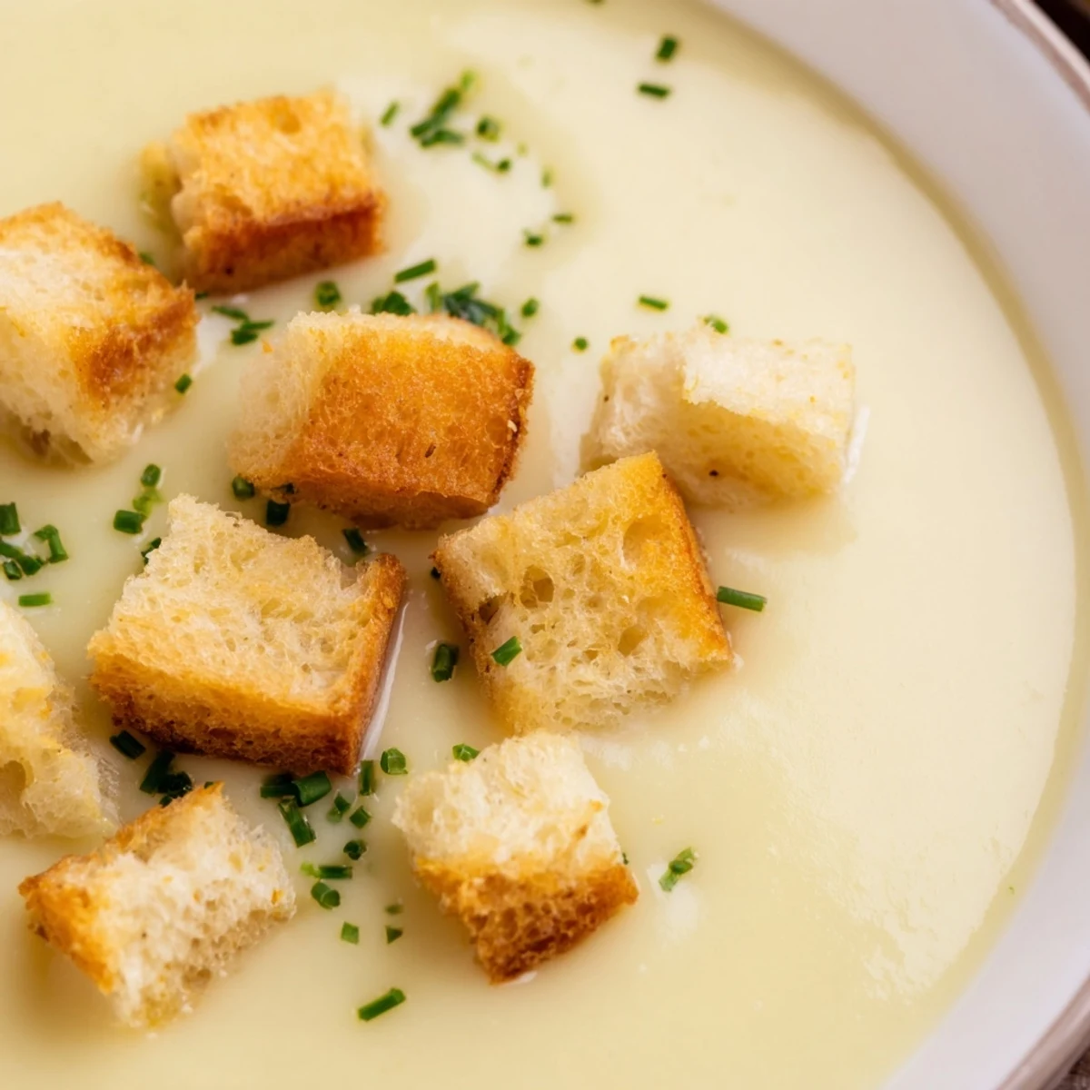 Creamy Potato Leek Soup with Garlic Croutons garnished with fresh chives in a rustic bowl.