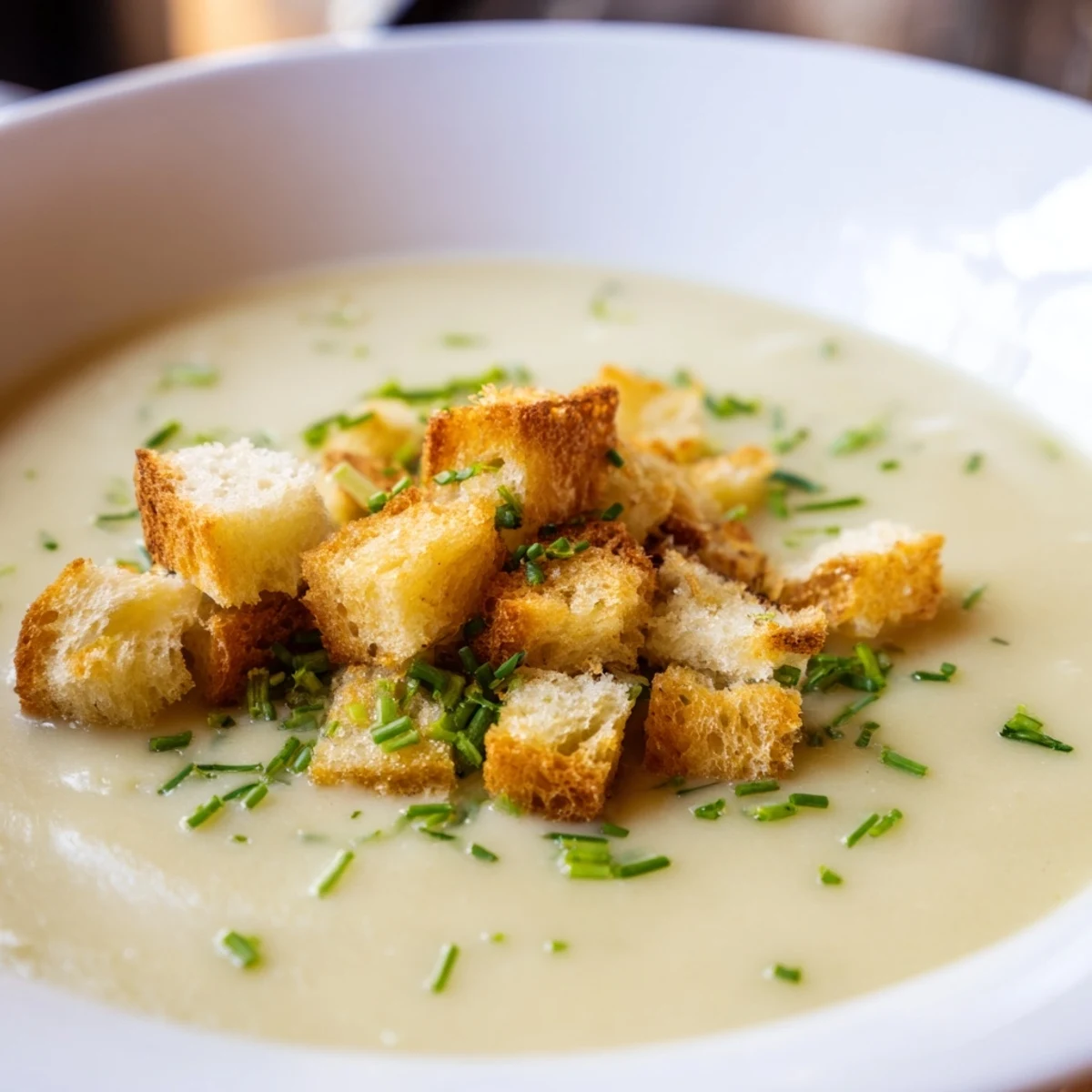 A bowl of Creamy Potato Leek Soup with Garlic Croutons topped with fresh herbs and cracked pepper.