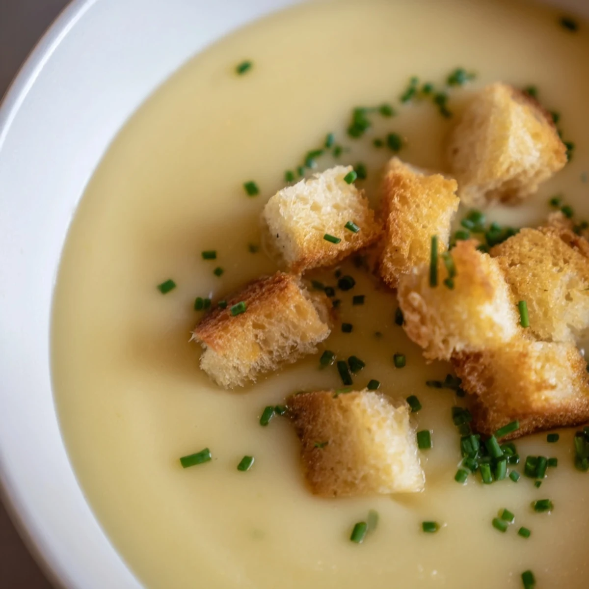 Creamy Potato Leek Soup with Garlic Croutons served steamy beside a glass of white wine.