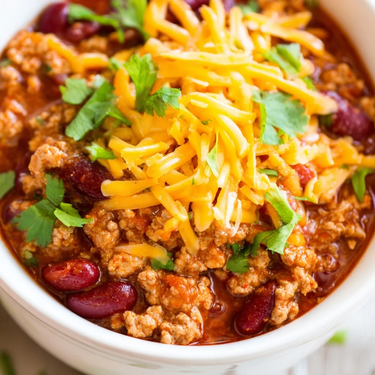 Close-up of a steaming bowl of Turkey Chili with Kidney Beans and Cheddar, topped with melted cheese and cilantro.
