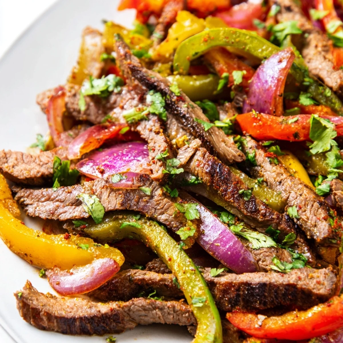 A close-up of Sheet Pan Steak Fajitas shows caramelized onions and peppers beside tender beef, garnished with fresh cilantro and bright lime wedges.
