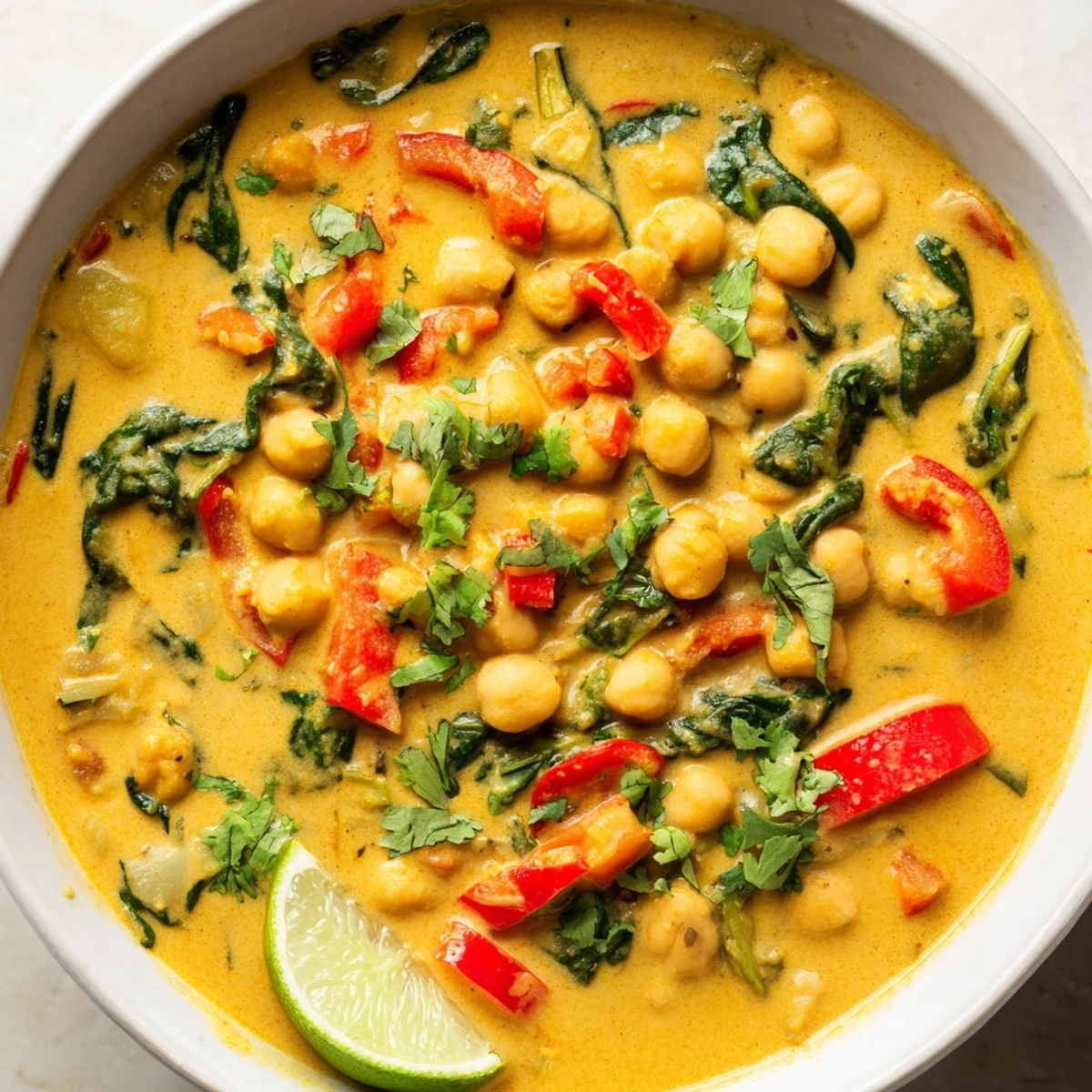 Creamy Vegan Chickpea Curry with Coconut Milk served steaming hot over fluffy basmati rice, garnished with fresh cilantro and a lime wedge.
