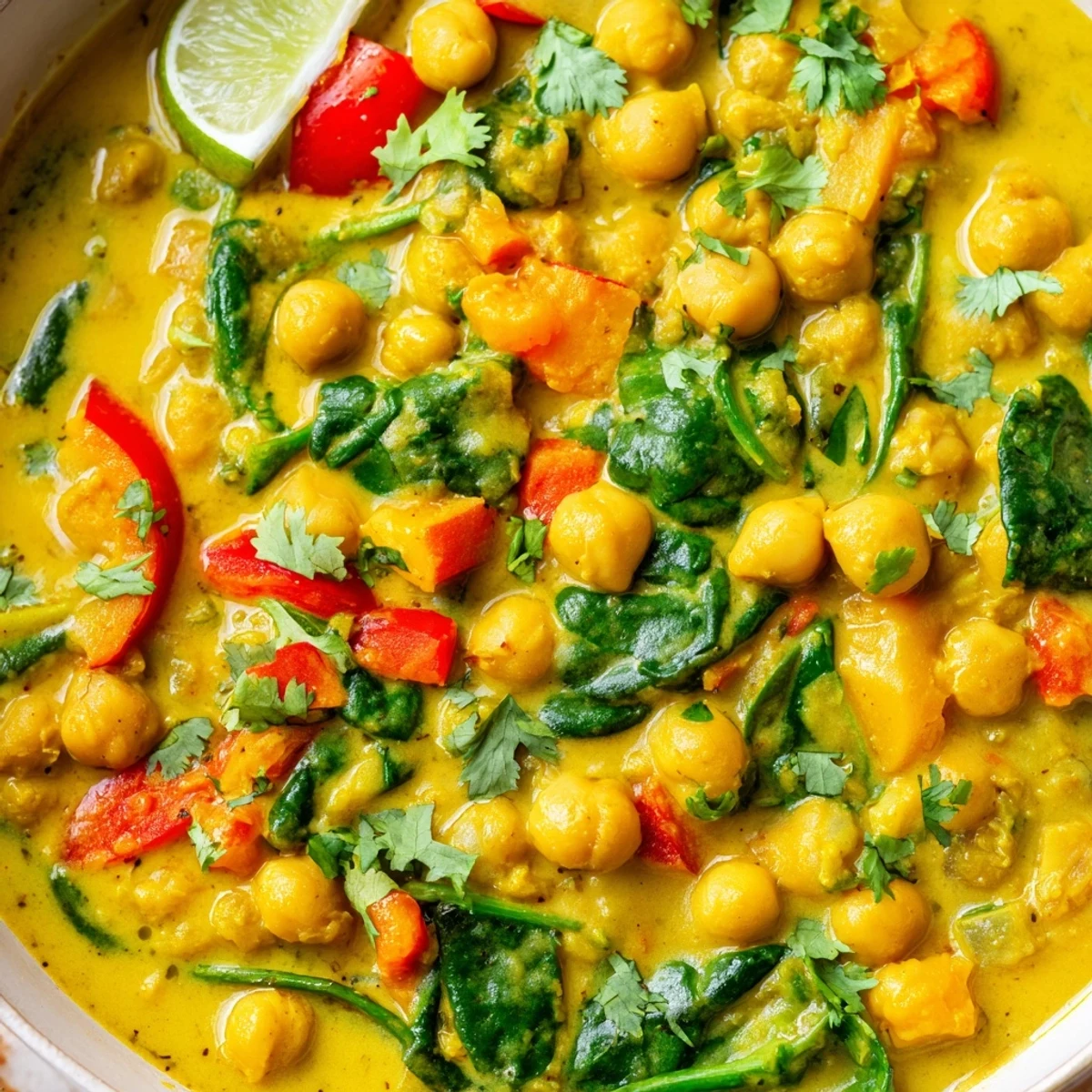 An overhead view of Vegan Chickpea Curry with Coconut Milk featuring tender chickpeas and red bell peppers in a rich, golden sauce.