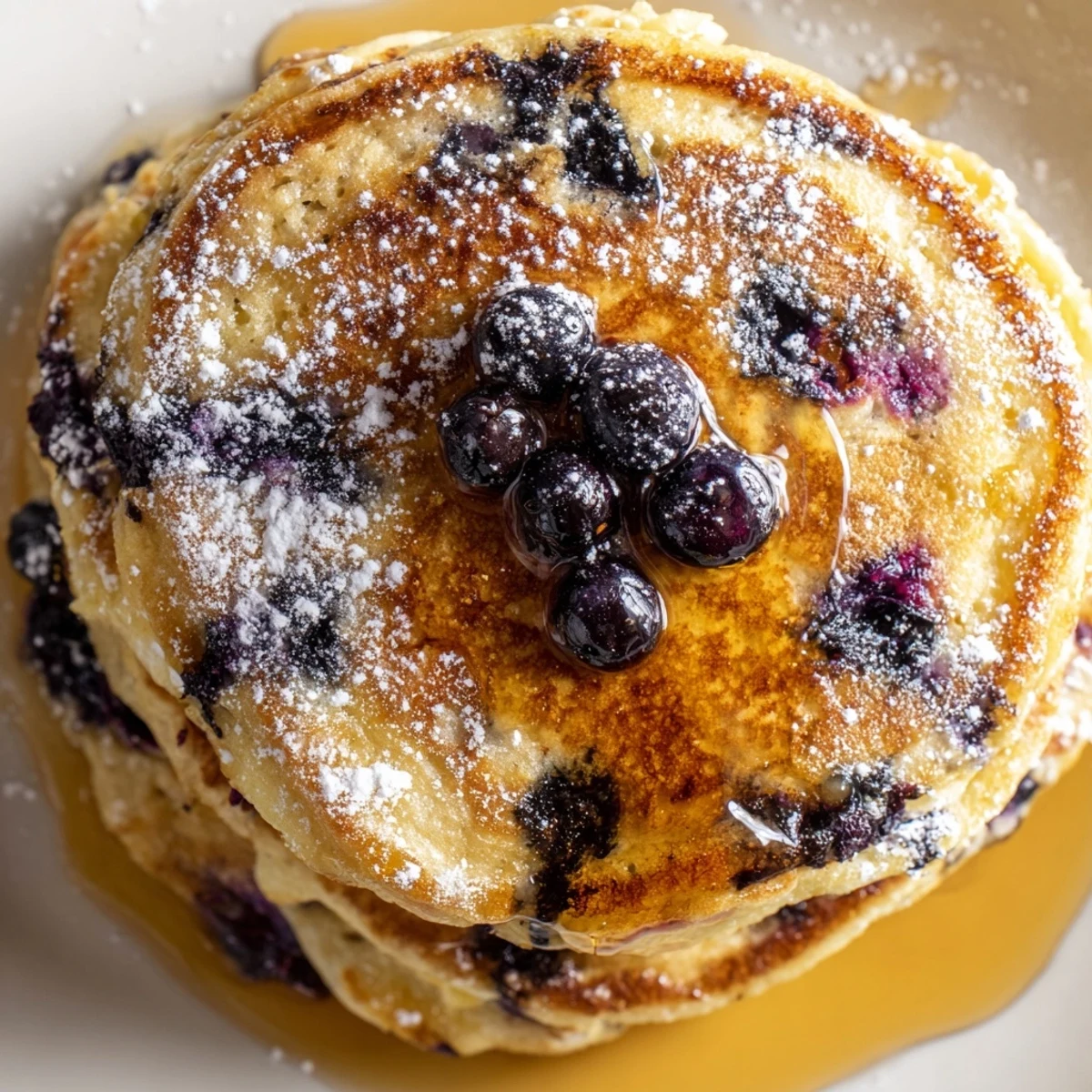 Golden-brown Lemon Blueberry Ricotta Pancakes stacked high, showing fluffy texture and blueberry specks.