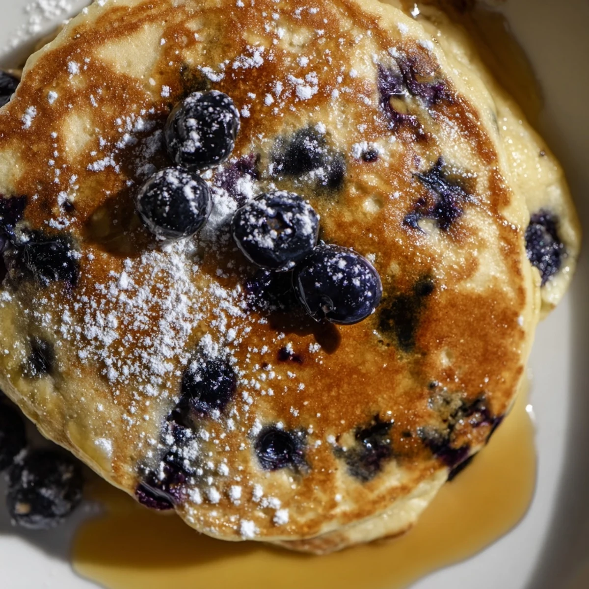 Fluffy Lemon Blueberry Ricotta Pancakes topped with maple syrup and fresh berries on a white plate.