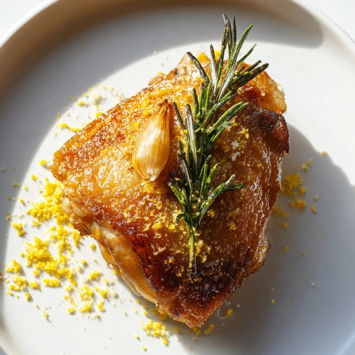 Golden Crispy Skin Chicken Thighs with Rosemary served with roasted potatoes and bright lemon wedges on the side.
