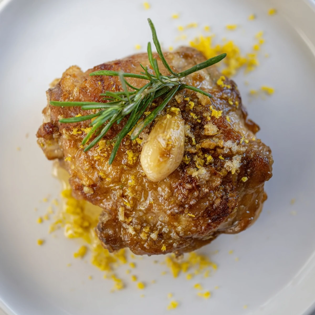Skillet-roasted Crispy Skin Chicken Thighs with Rosemary garnished with fresh herbs and smashed garlic for a rustic presentation.