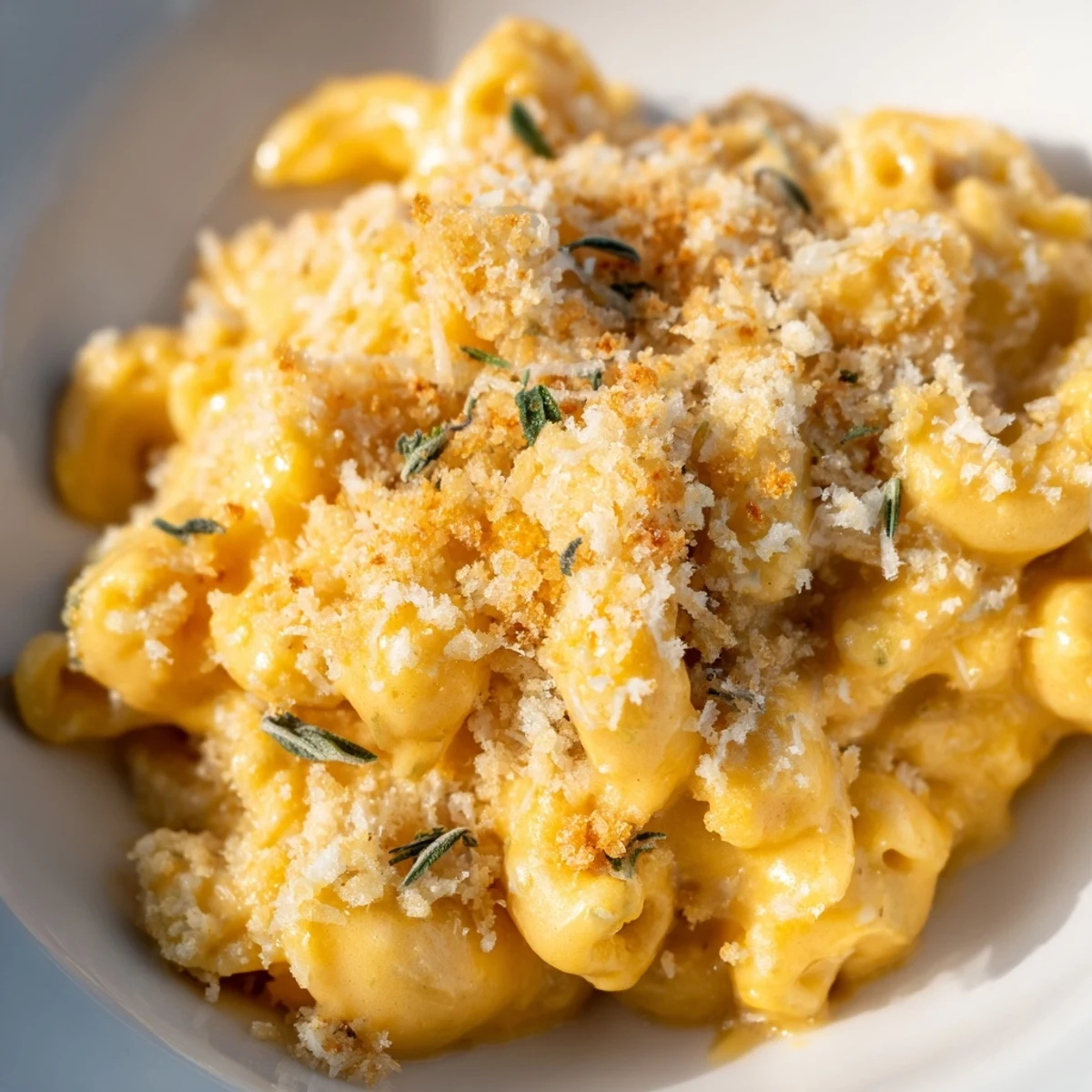 A close-up of golden, baked Butternut Squash Mac and Cheese with Sage topped with crispy breadcrumbs and fresh sage leaves, served in a rustic dish.
