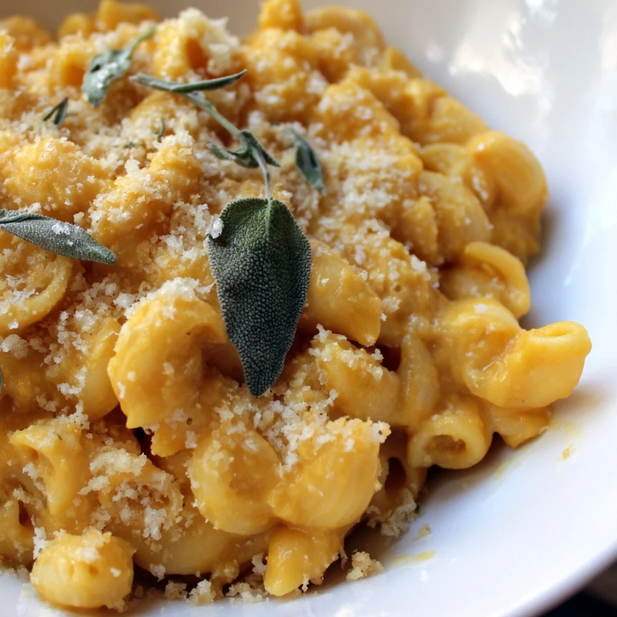 Creamy, orange-hued Butternut Squash Mac and Cheese with Sage is scooped onto a white plate, revealing a rich, velvety texture perfect for autumn comfort.
