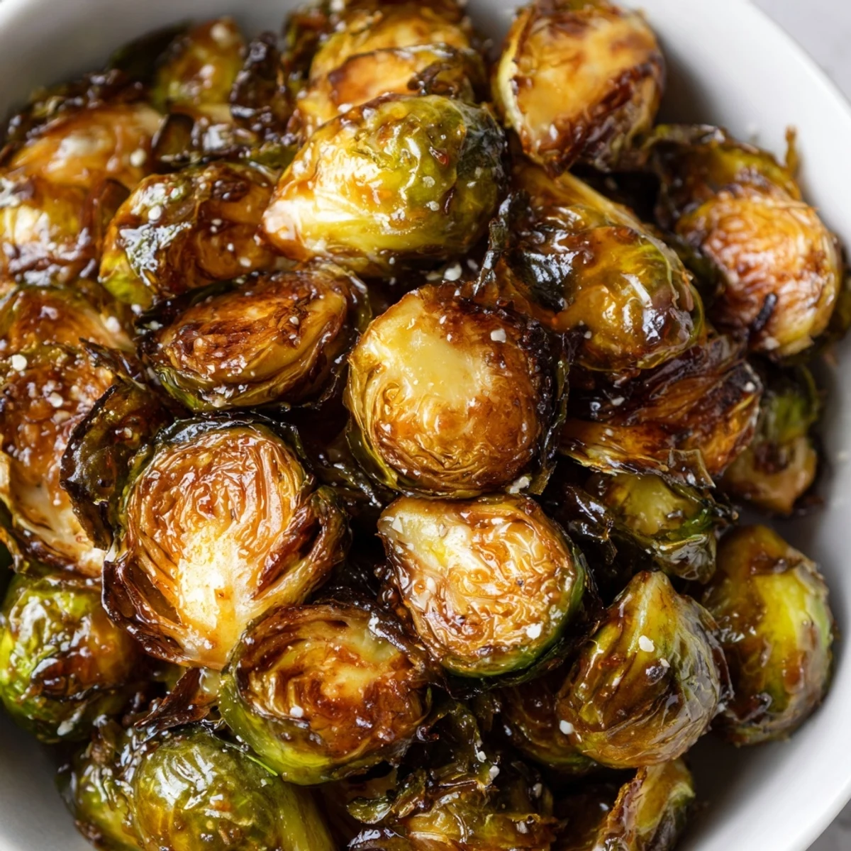 Roasted Brussels Sprouts with Balsamic Glaze glisten in a serving dish, featuring charred, crispy edges and a rich, glossy drizzle.