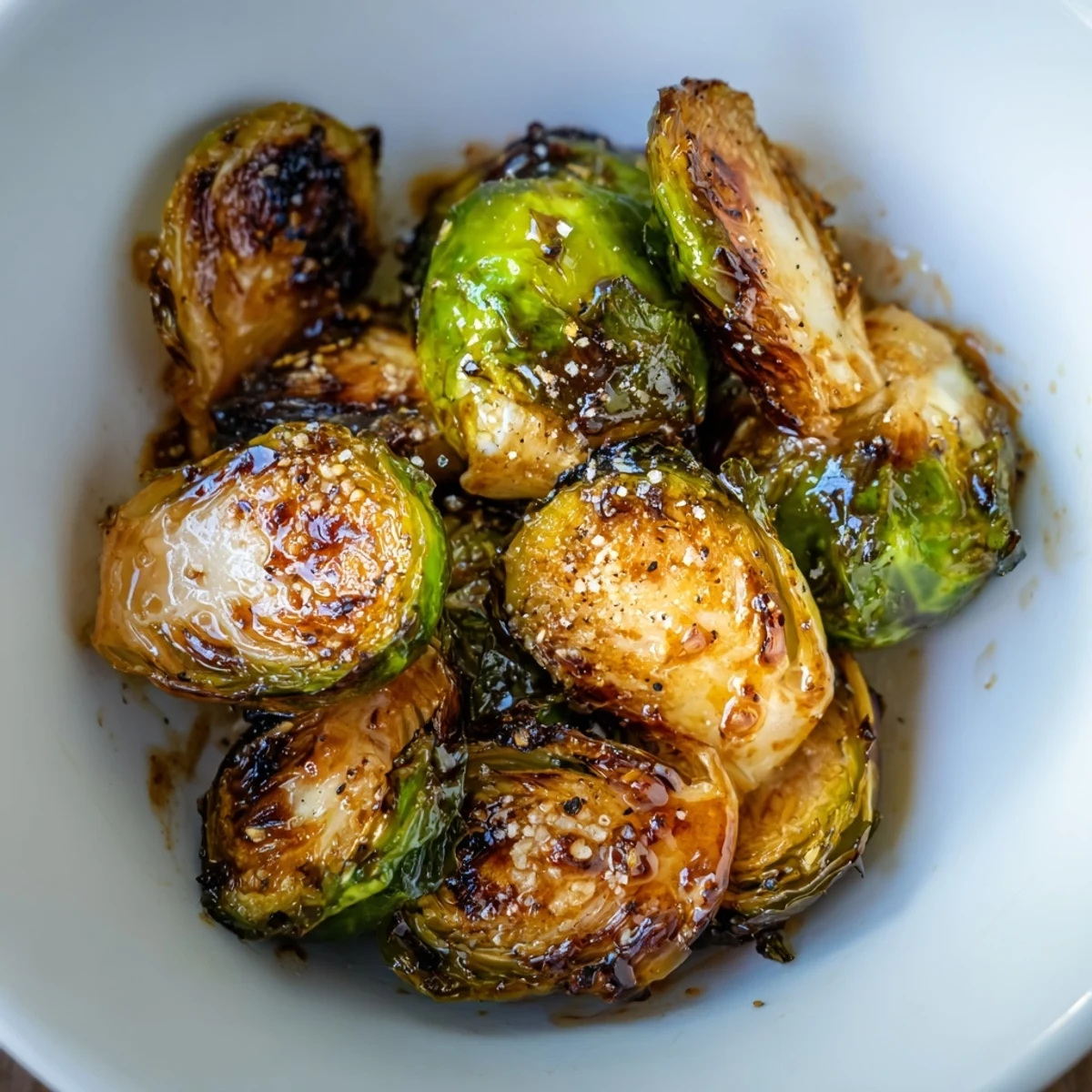 A close-up of Roasted Brussels Sprouts with Balsamic Glaze reveals golden-brown caramelization and a sweet, tangy sauce coating each half.