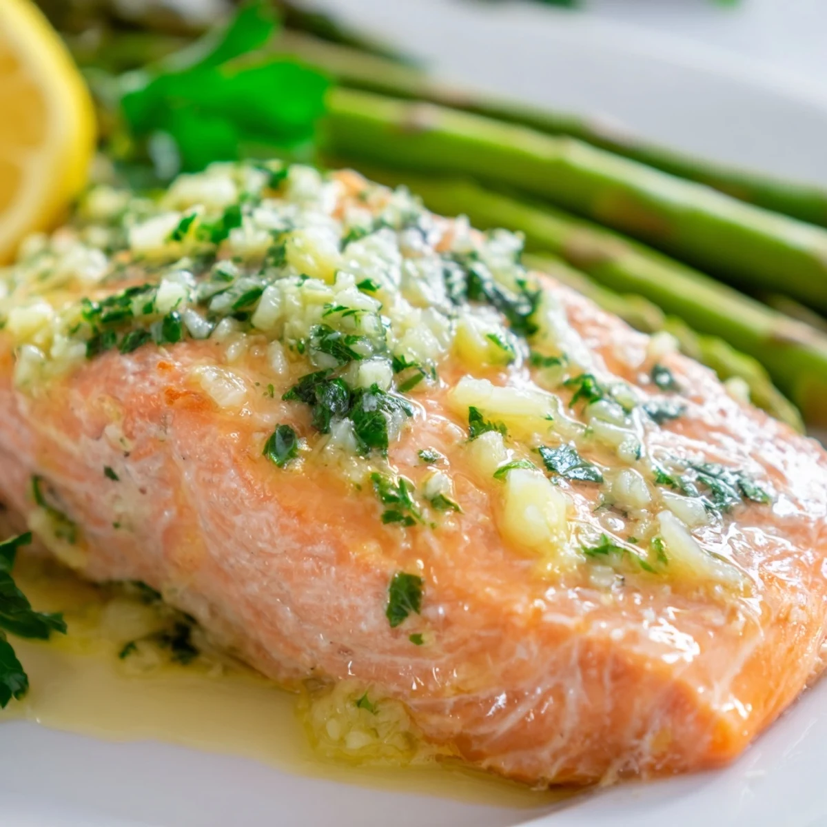 Freshly baked Lemon Garlic Butter Salmon with Asparagus Spears, drizzled with savory lemon butter and garnished with bright lemon slices.