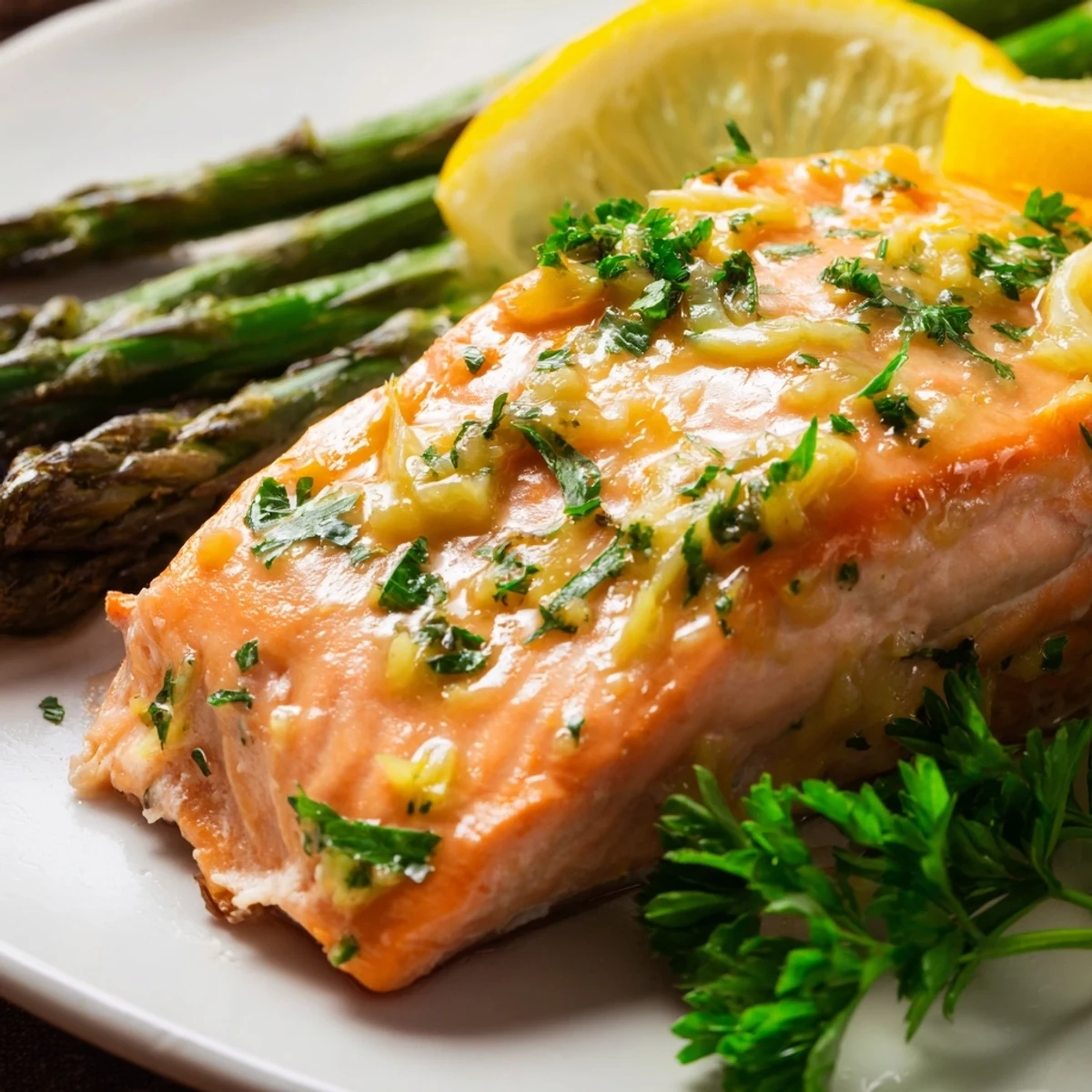 Perfectly baked salmon fillets alongside tender-crisp asparagus spears, served hot from the oven for an easy weeknight dinner.
