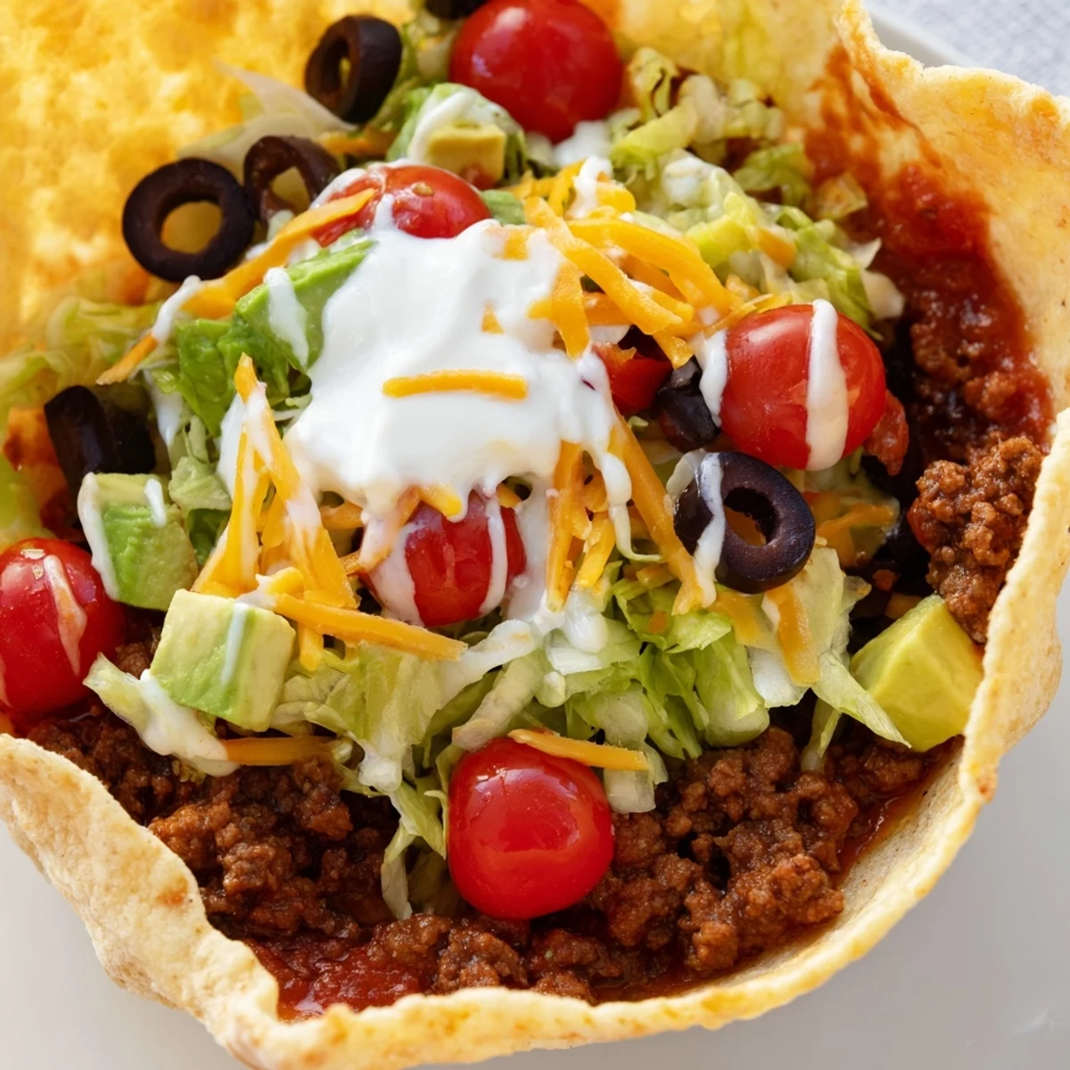 Fresh lime dressing drizzles over the Beef Taco Salad with black beans, corn, and cheddar cheese.