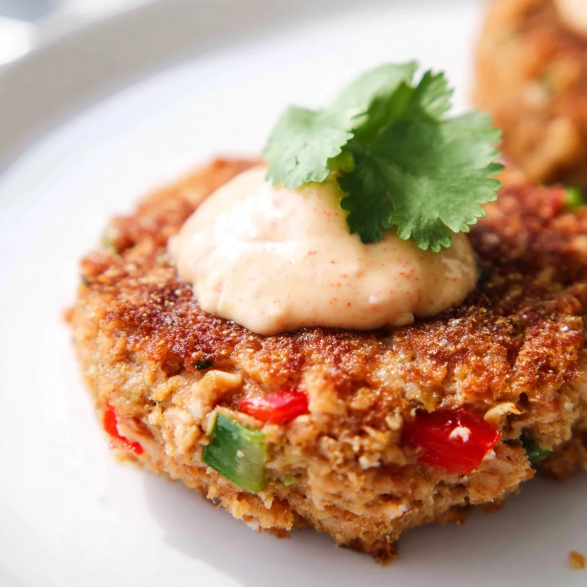 Golden-brown Spicy Tuna Cakes with Sriracha Mayo on a white plate, garnished with green onions.