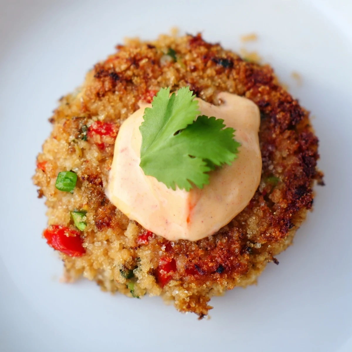 Fried Spicy Tuna Cakes stacked high, served with a small bowl of creamy Sriracha Mayo dip.