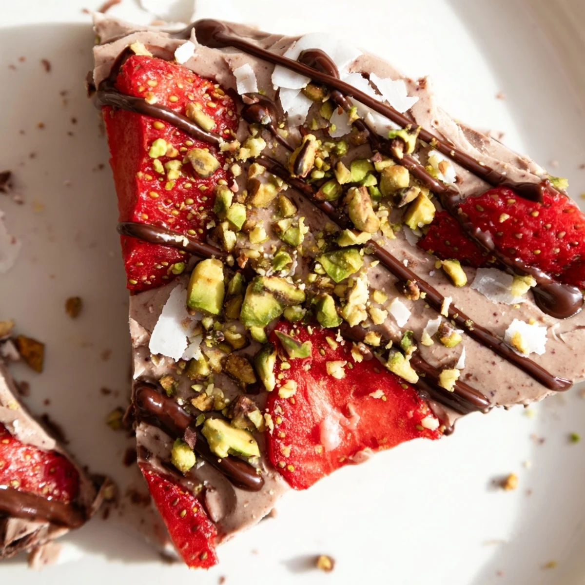 A close-up of frozen Chocolate Covered Strawberry Yogurt Bark, showing creamy Greek yogurt with fresh strawberry slices, dark chocolate drizzle, and chopped pistachios.