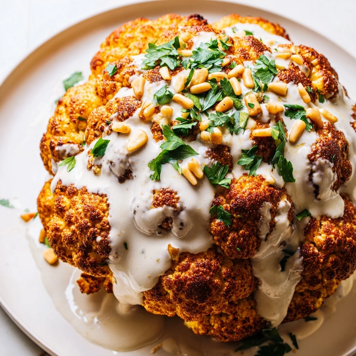 Whole roasted cauliflower with tahini drizzle garnished with parsley and pine nuts.