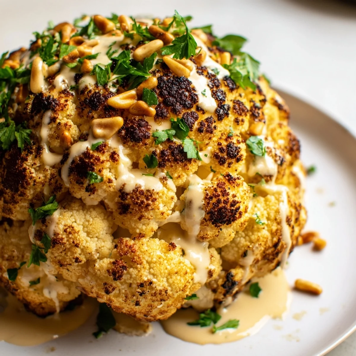 Golden brown cauliflower head drizzled with creamy tahini sauce and fresh lemon wedges.
