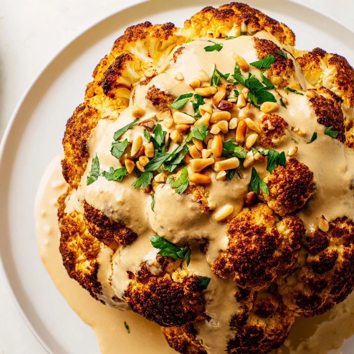 Whole roasted cauliflower recipe served on platter with tahini drizzle and toasted sesame seeds.