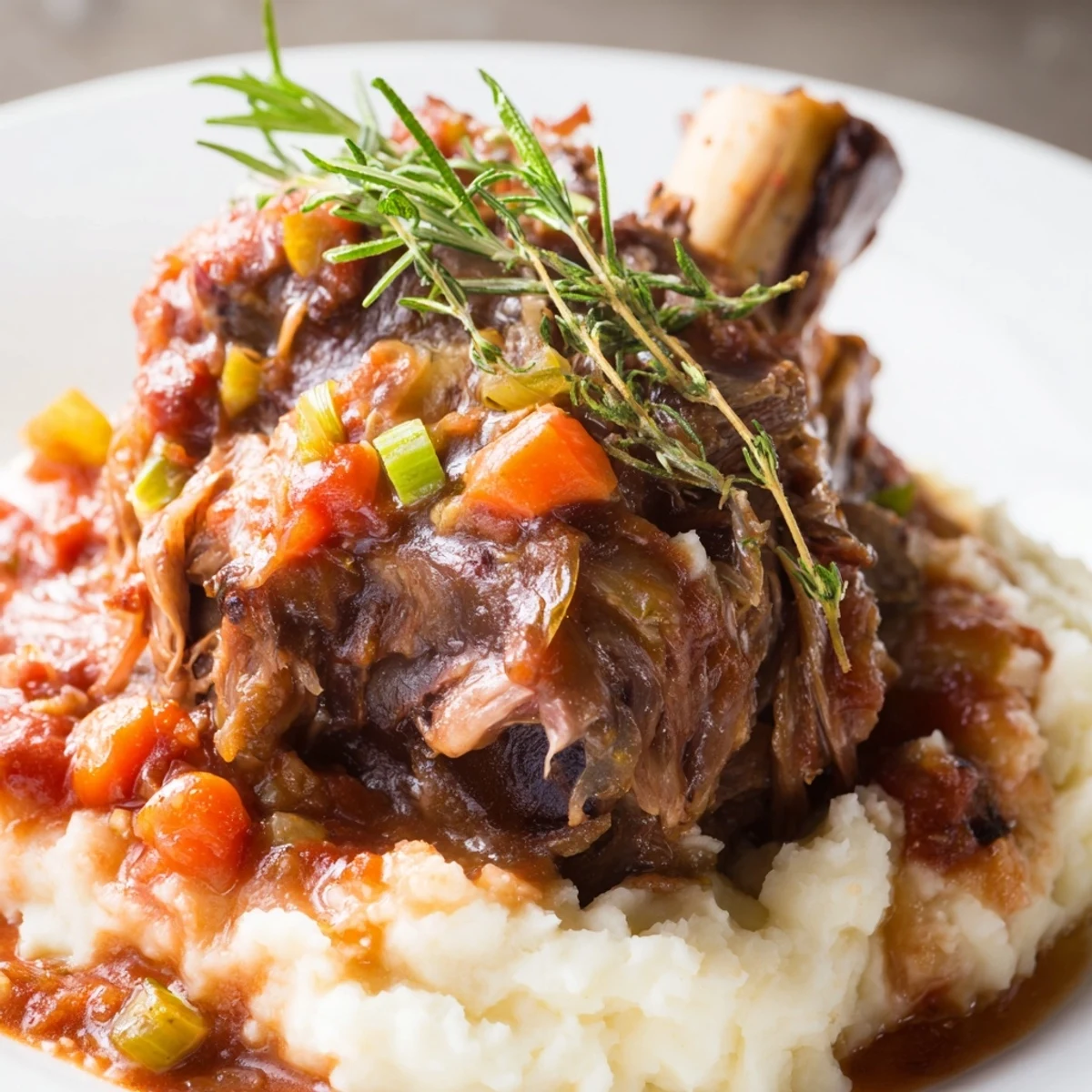 Golden brown Slow Cooked Lamb Shanks in Tomato Herb Sauce rest on a platter, ready to be enjoyed with crusty bread.