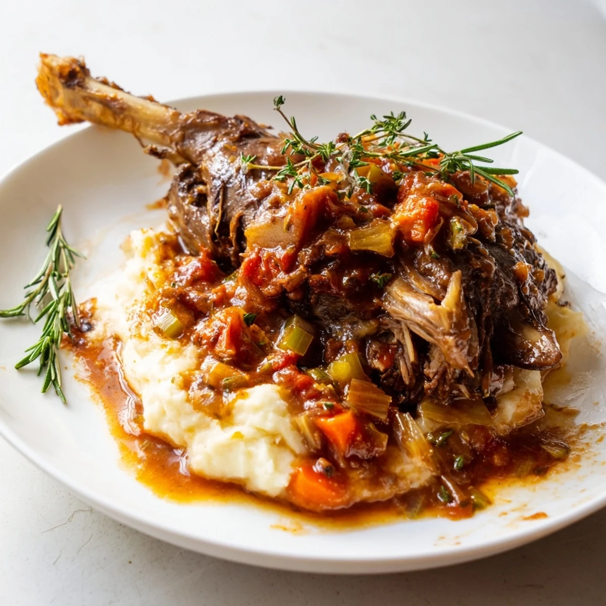 A Dutch oven holds four tender Slow Cooked Lamb Shanks in Tomato Herb Sauce, surrounded by vibrant carrots and celery.
