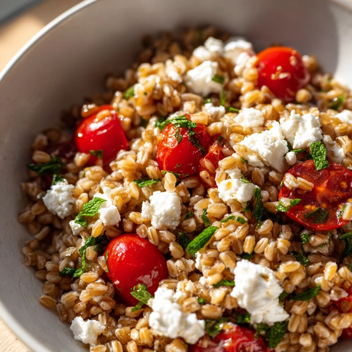 Close-up Mediterranean Farro Salad topped with crumbled feta, Kalamata olives, and fresh parsley served in a white bowl.