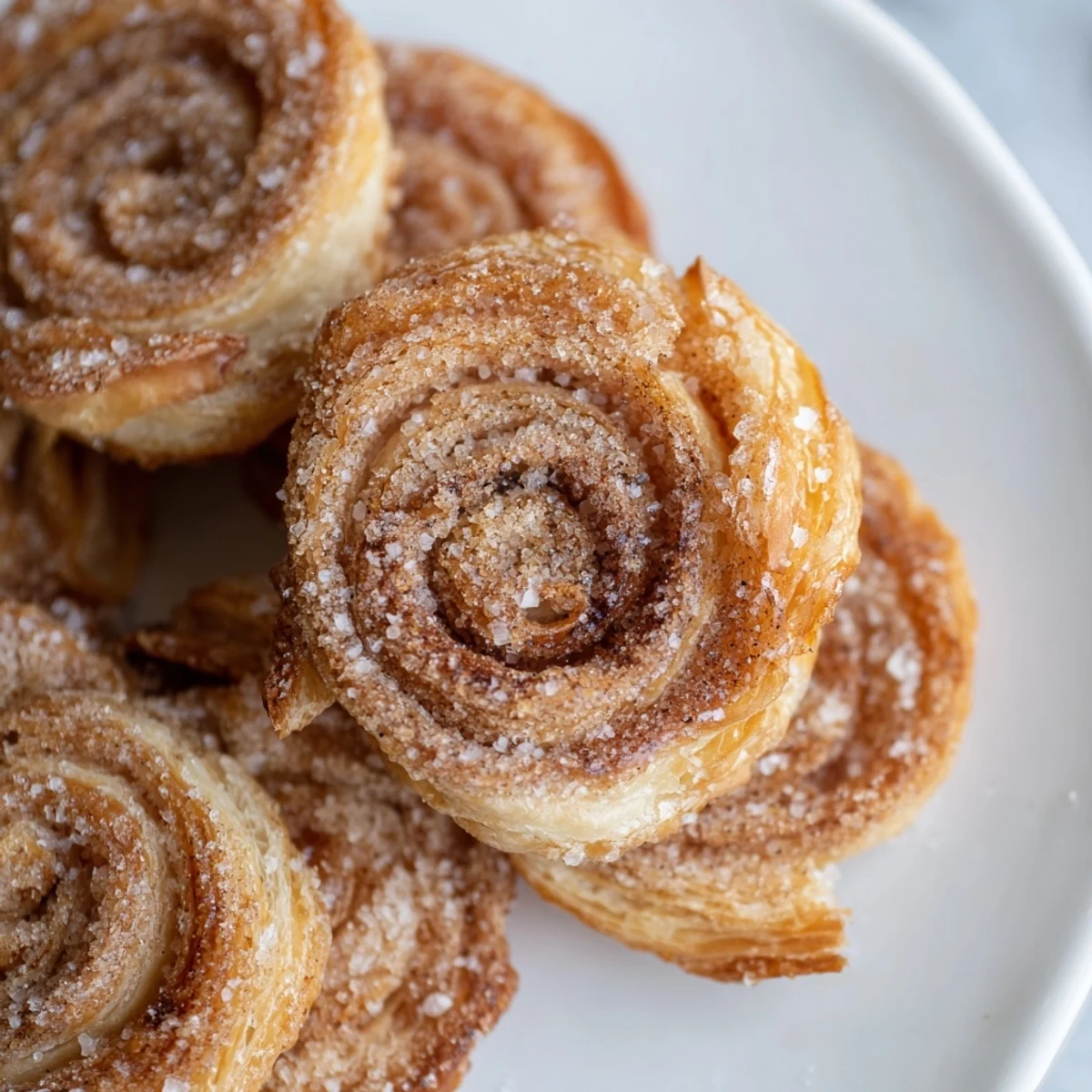 A close-up of flaky Cinnamon Sugar Puff Pastry Palmiers with a caramelized spiral and sugared edges.
