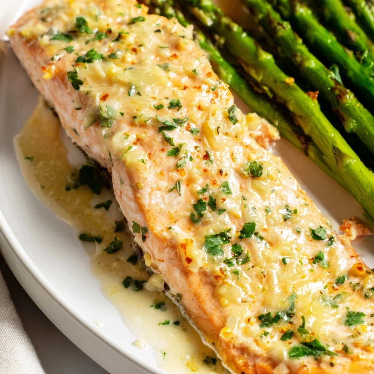 Golden-brown Lemon Garlic Butter Salmon fillets baked next to vibrant green roasted asparagus on a sheet pan, garnished with fresh parsley and lemon wedges.